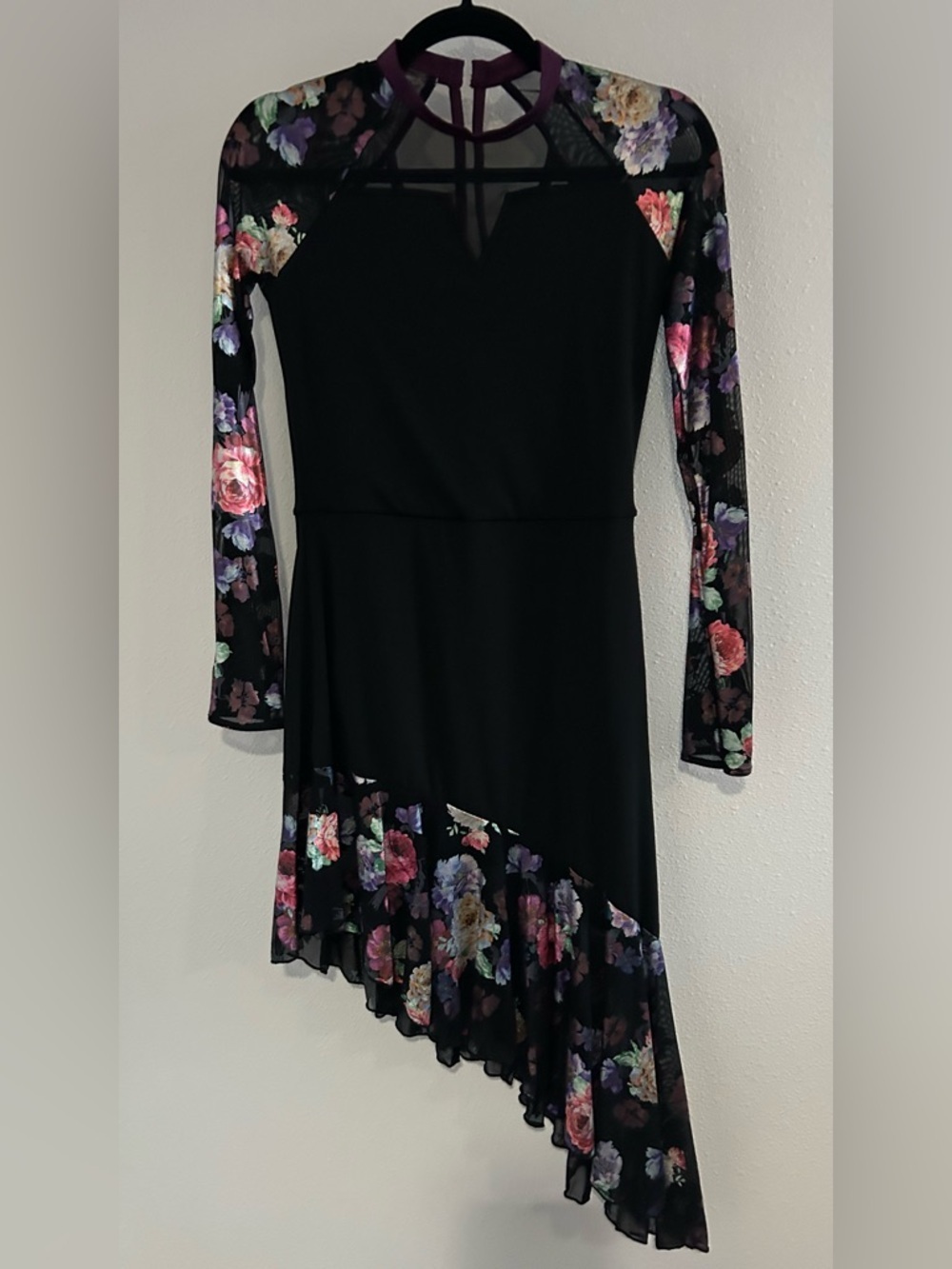Weissman Black Floral Mesh Asymmetric Hem Dress with Pink and Purple Accents